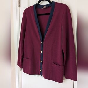 VTG Koret Burgundy Structured Cardigan with Navy Trim and Gold Buttons